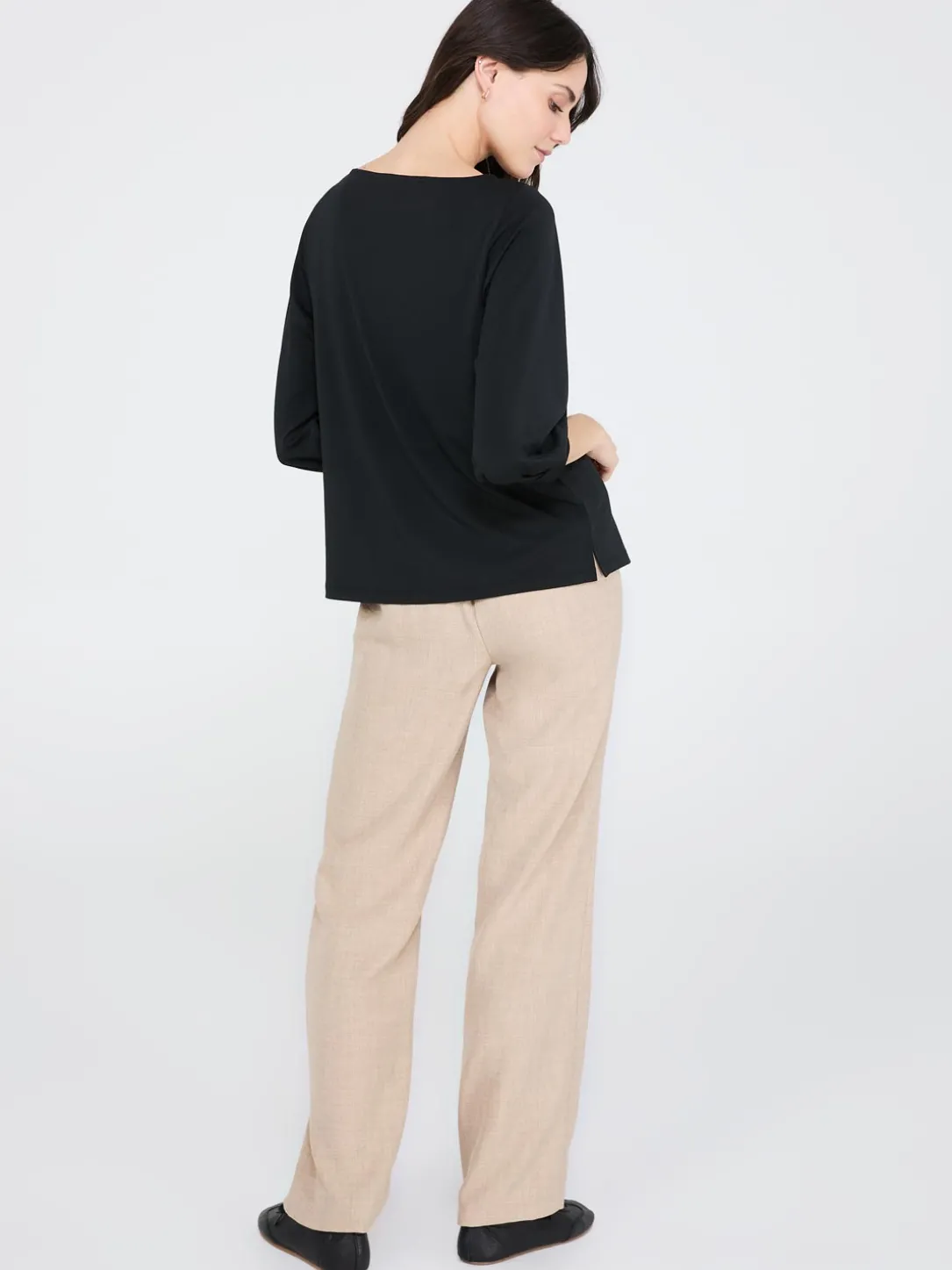3/4 Pleated Sleeve Boat Neck Top
