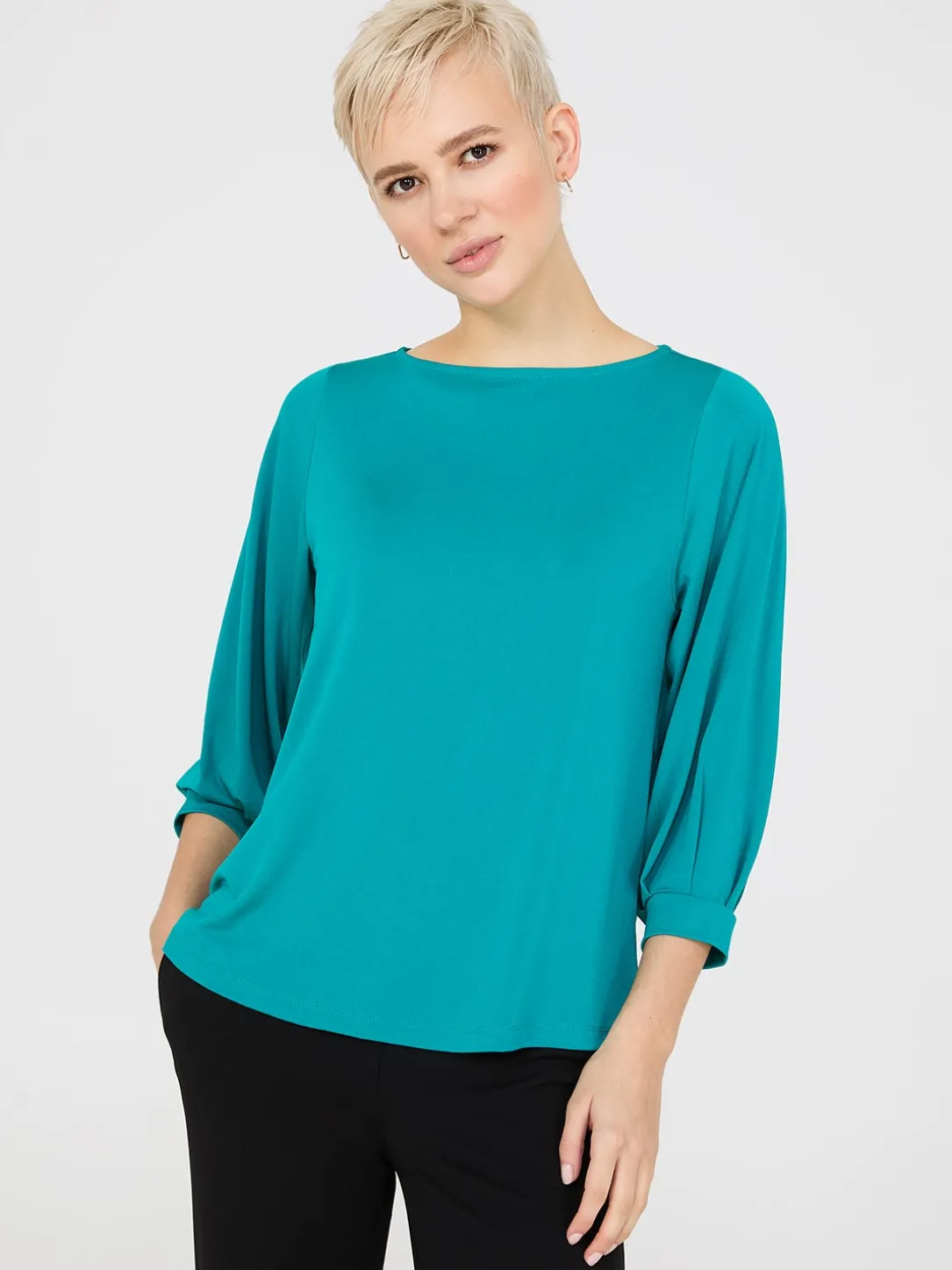 3/4 Pleated Sleeve Boat Neck Top