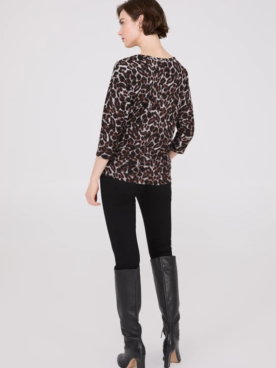 3/4 Sleeve Animal Print Top With Side Ruching