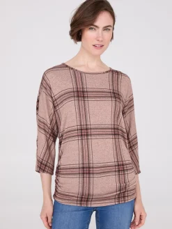 3/4 Sleeve Plaid Top With Side Ruching