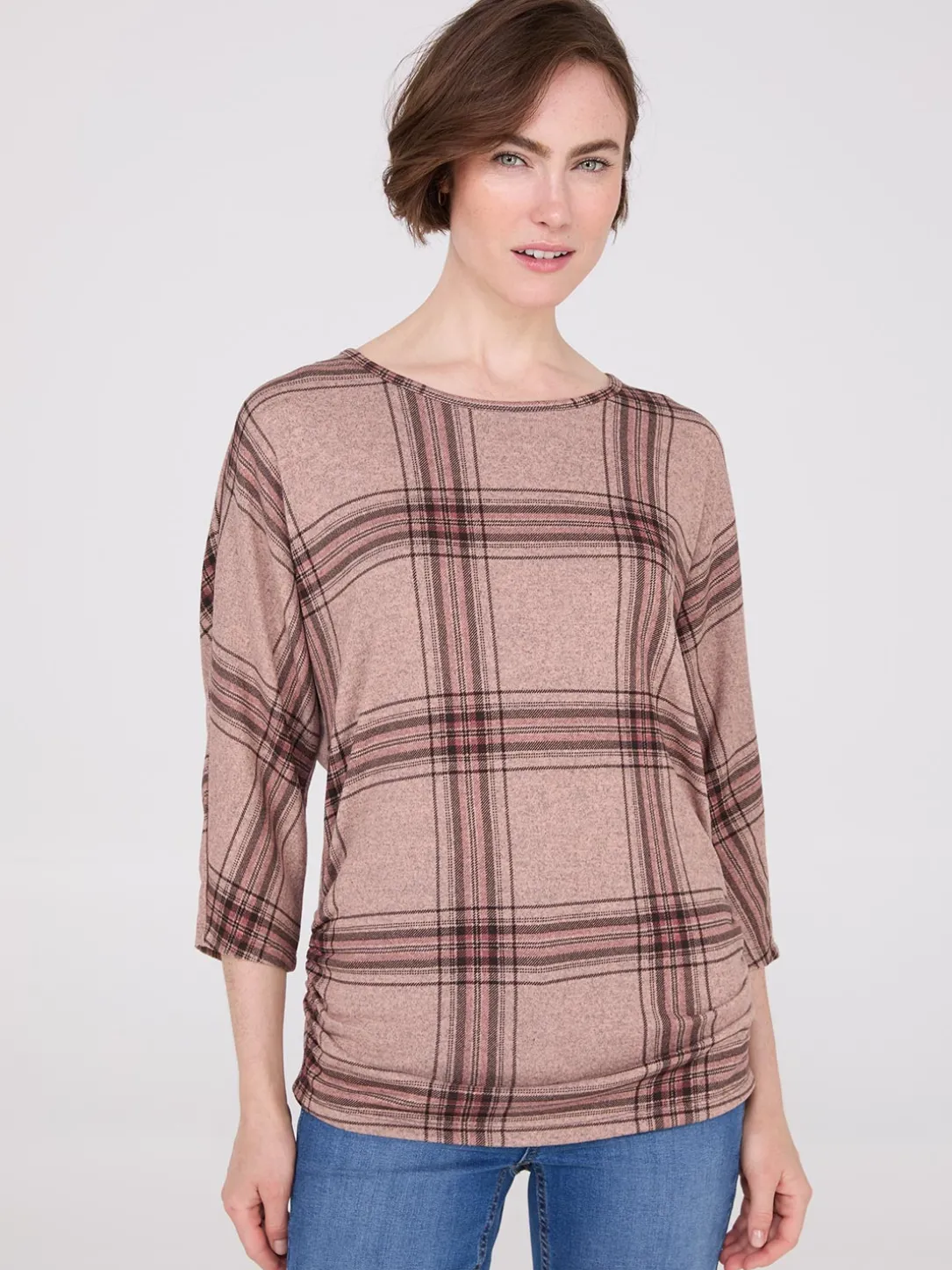 3/4 Sleeve Plaid Top With Side Ruching