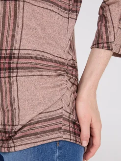 3/4 Sleeve Plaid Top With Side Ruching