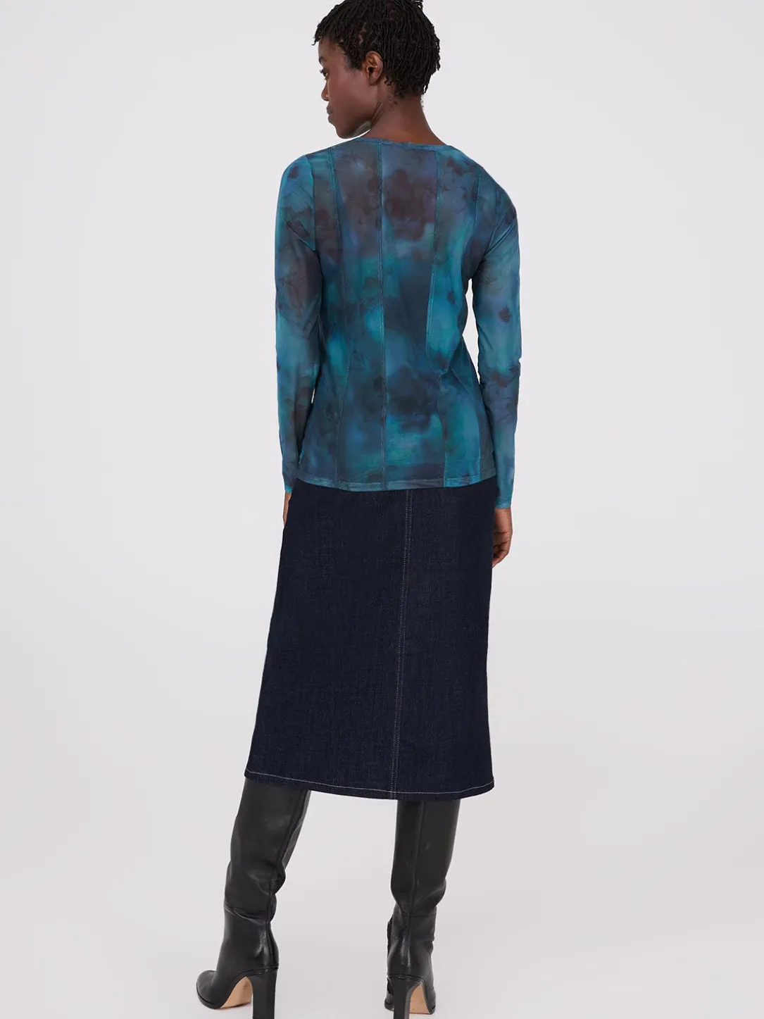 Abstract Print Long Sleeve Mesh Top With Cami