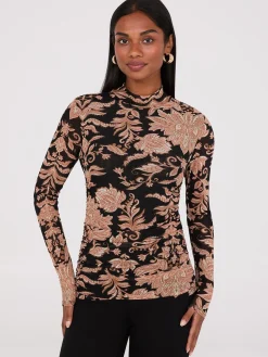 Abstract Print Mock Neck Mesh Top