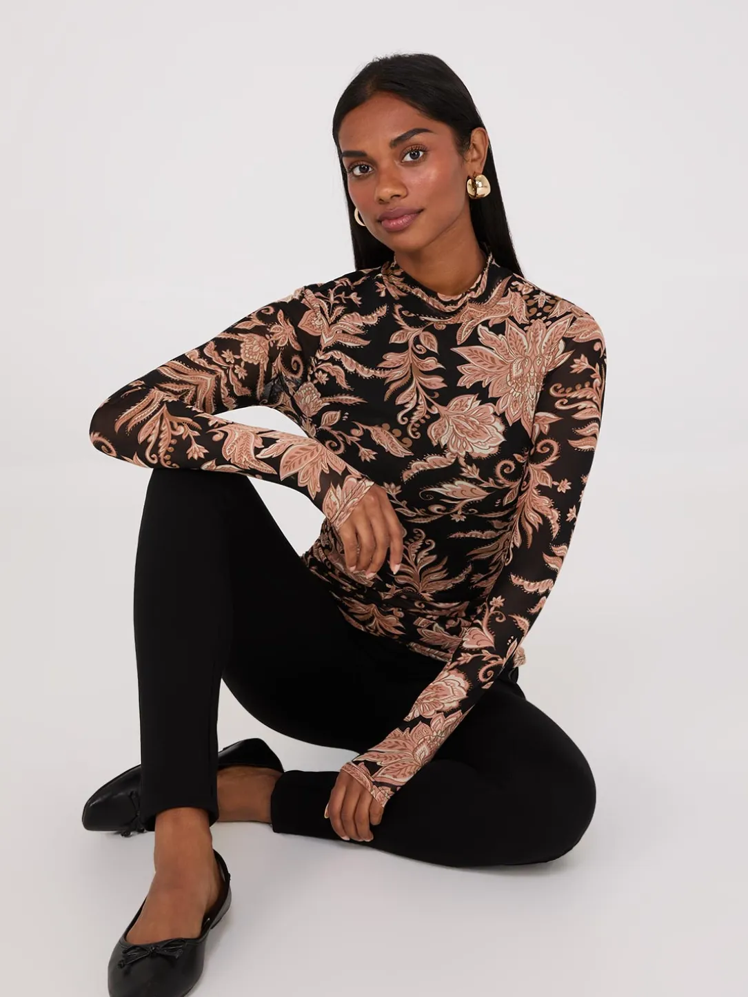 Abstract Print Mock Neck Mesh Top