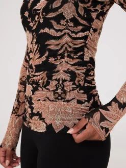 Abstract Print Mock Neck Mesh Top