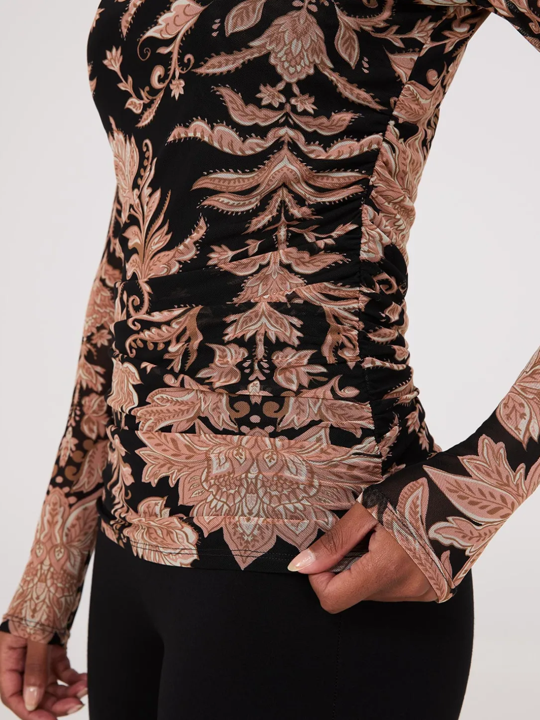 Abstract Print Mock Neck Mesh Top