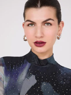 Abstract Print Rhinestone Mesh Top