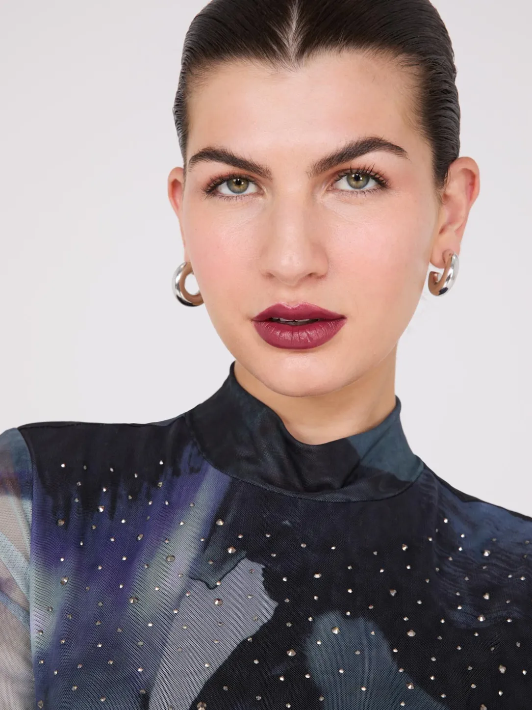 Abstract Print Rhinestone Mesh Top