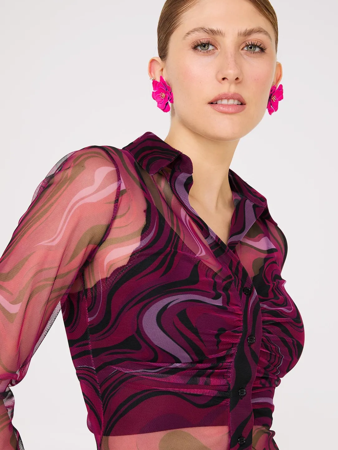 Abstract Print Ruched Button-Front Mesh Blouse