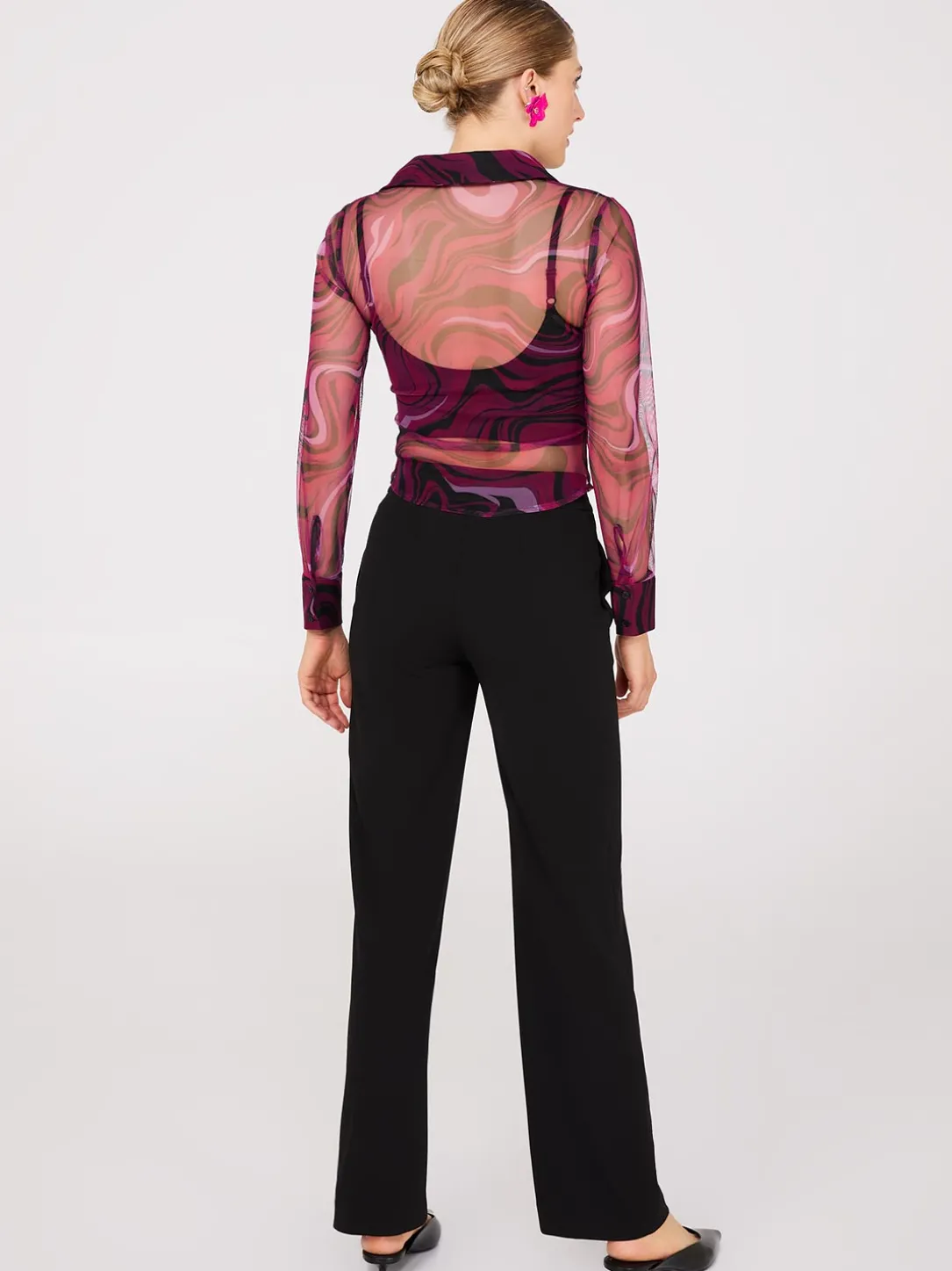 Abstract Print Ruched Button-Front Mesh Blouse