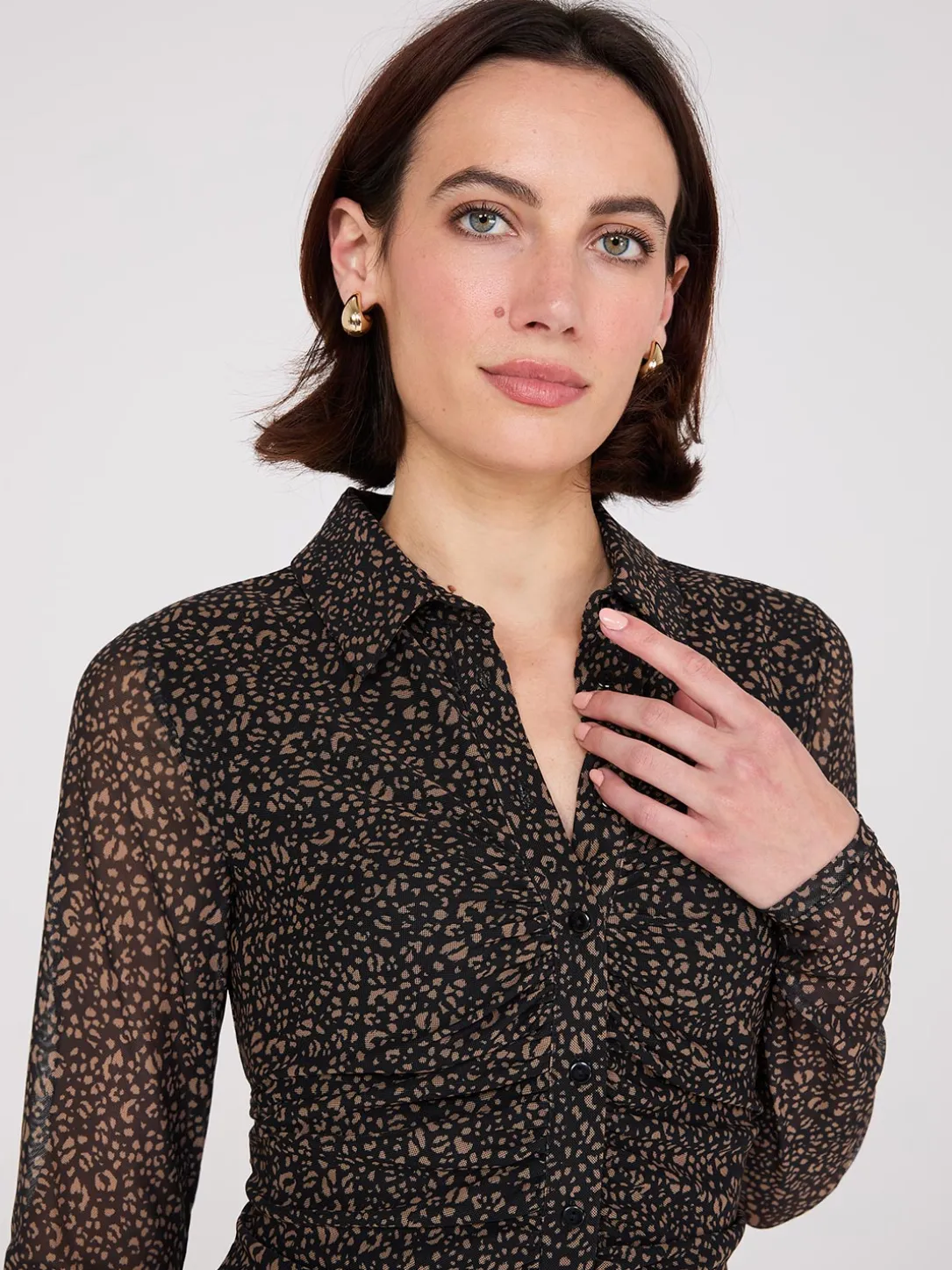 Animal Print Button-Front Gathered Mesh Dress