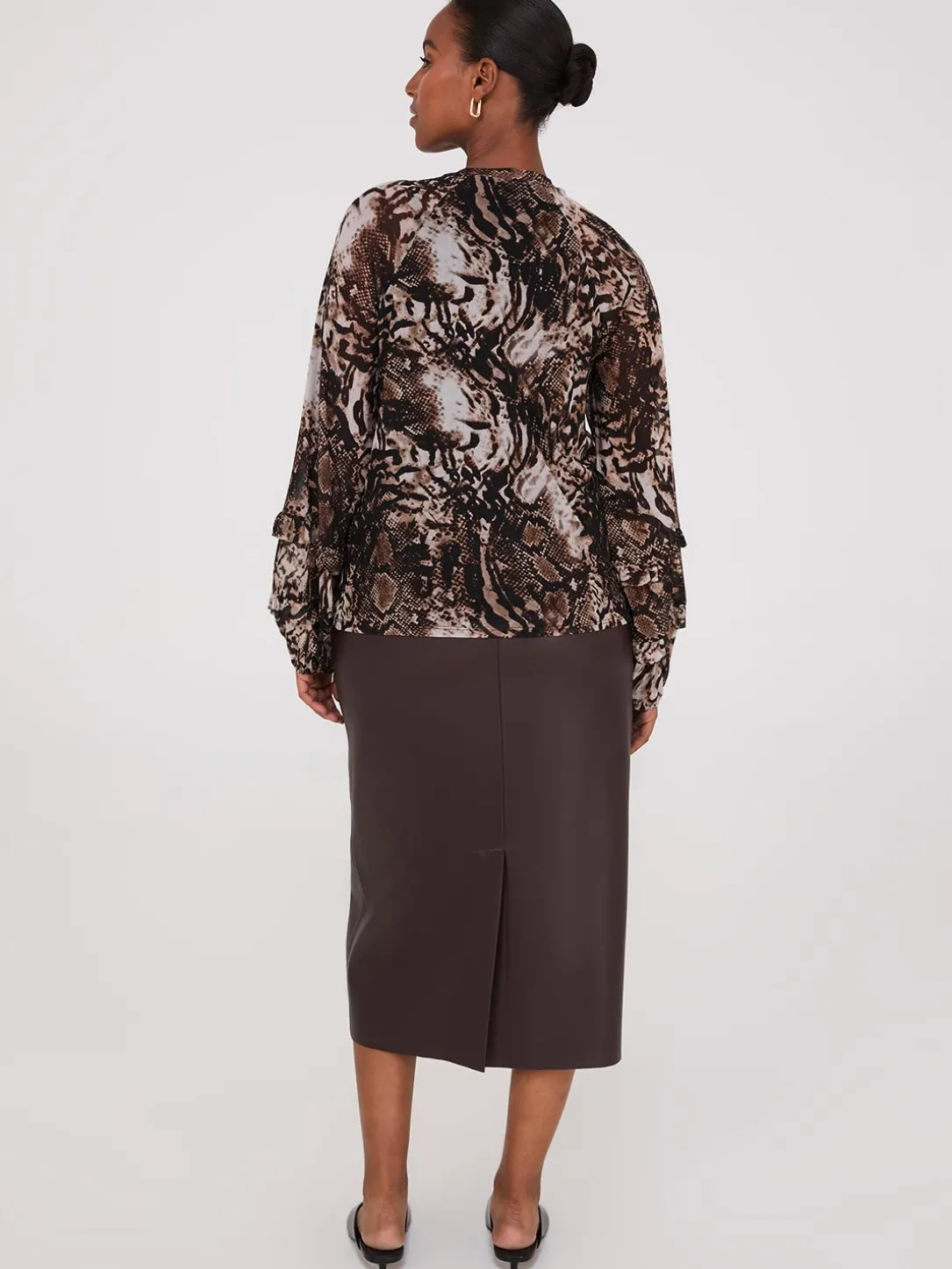 Animal Print Mesh Top With Ruffle Details