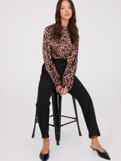Animal Print Mock Neck Satin Popover Blouse