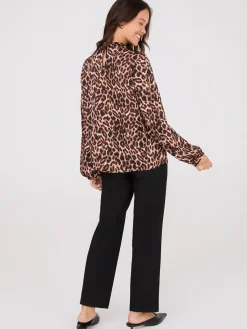 Animal Print Mock Neck Satin Popover Blouse