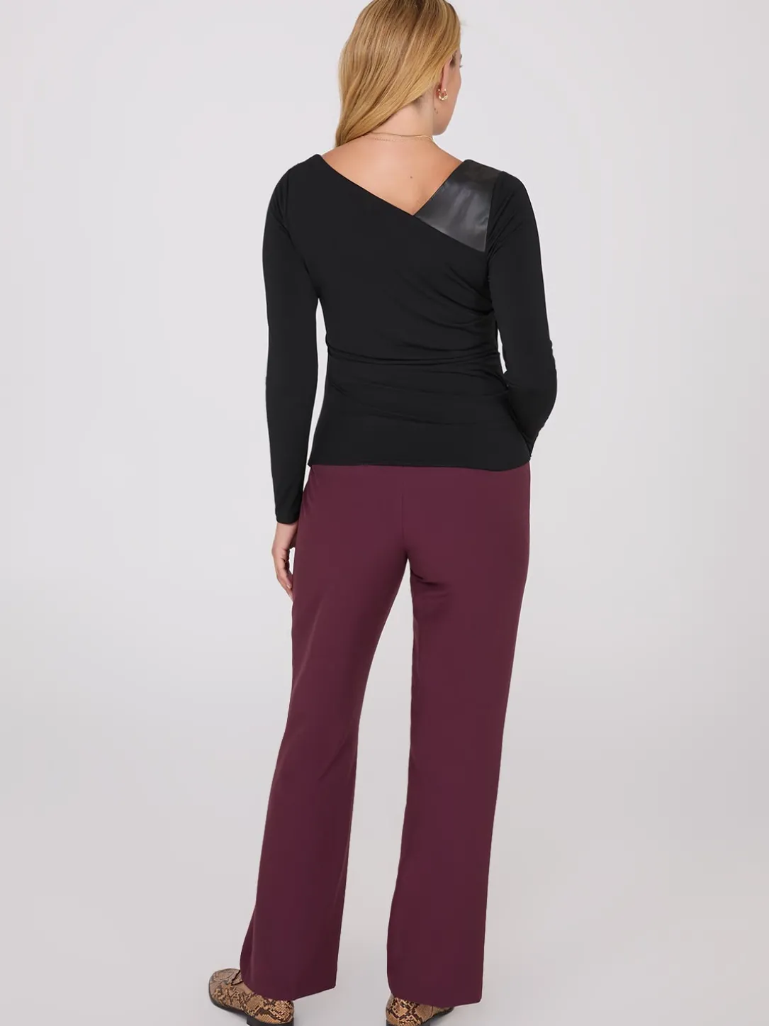 Asymmetrical Neckline Top With Faux Leather Detail