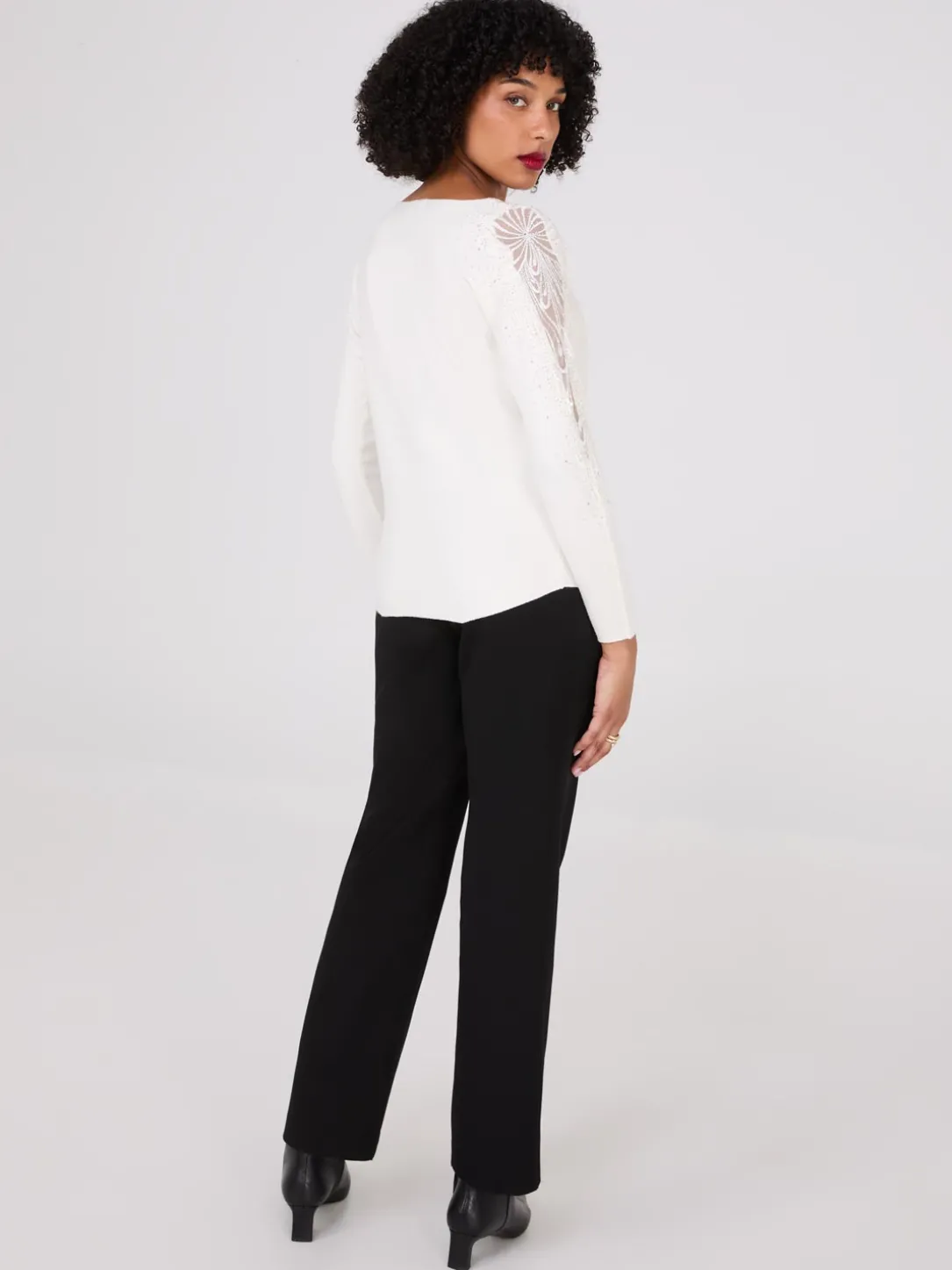 Boat Neck Sweater With Embellished Sleeves