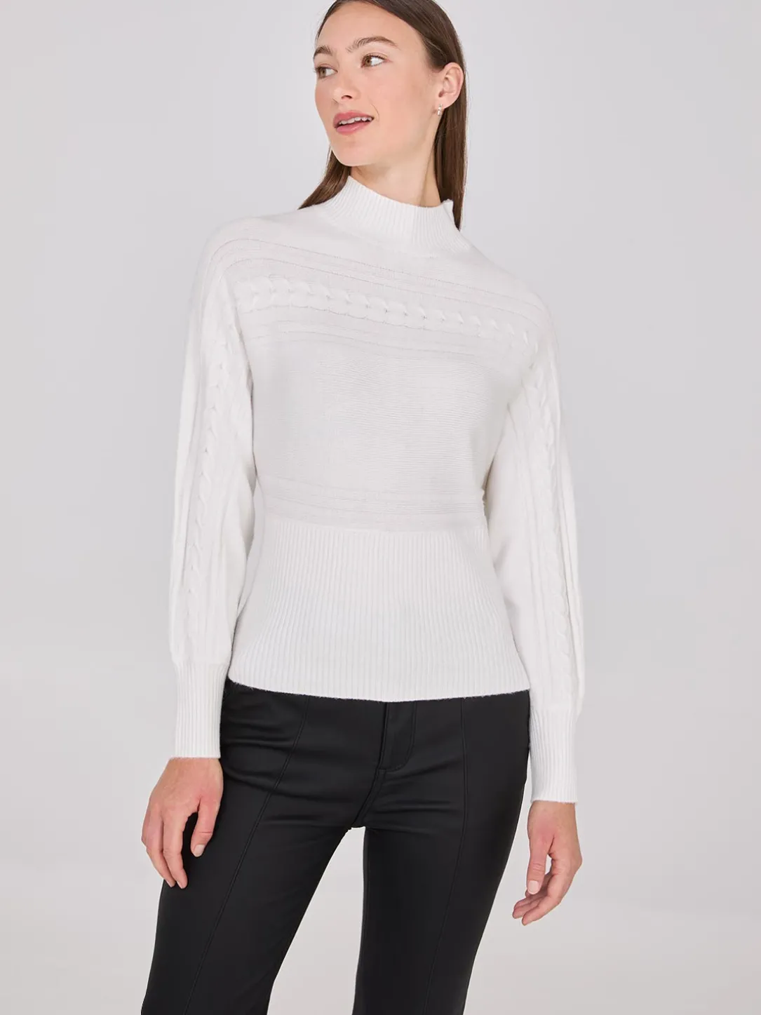 Cable Knit Mock Neck Dolman Sleeve Sweater
