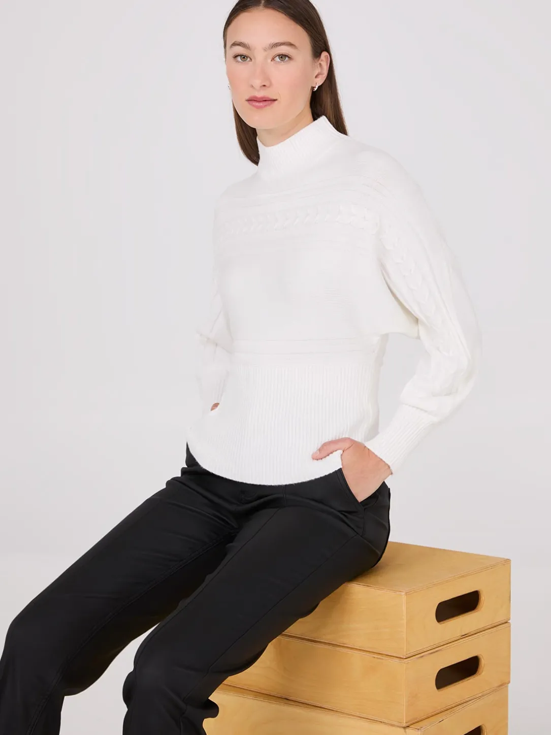 Cable Knit Mock Neck Dolman Sleeve Sweater