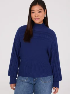 Cable Knit Mock Neck Dolman Sleeve Sweater