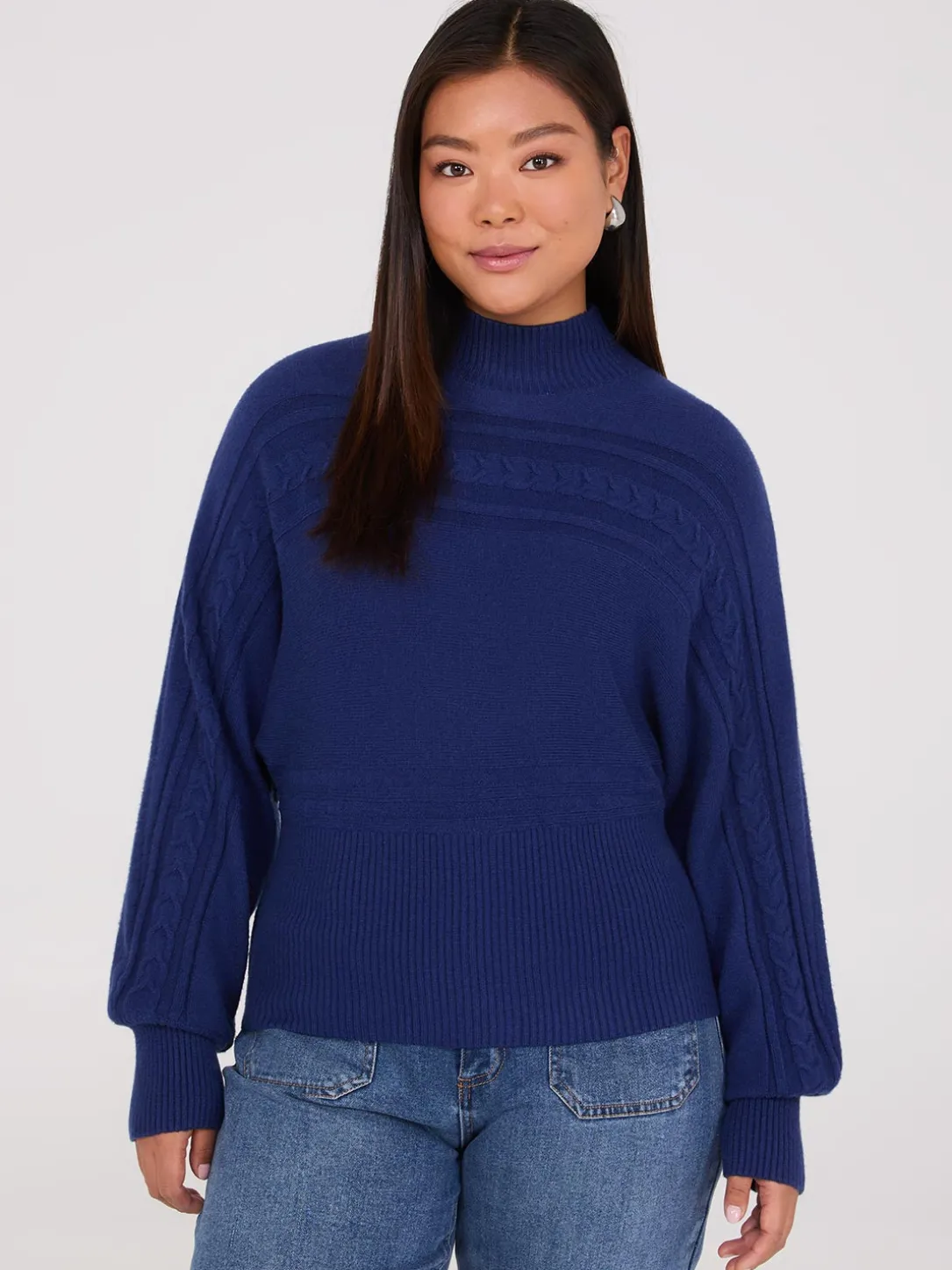 Cable Knit Mock Neck Dolman Sleeve Sweater