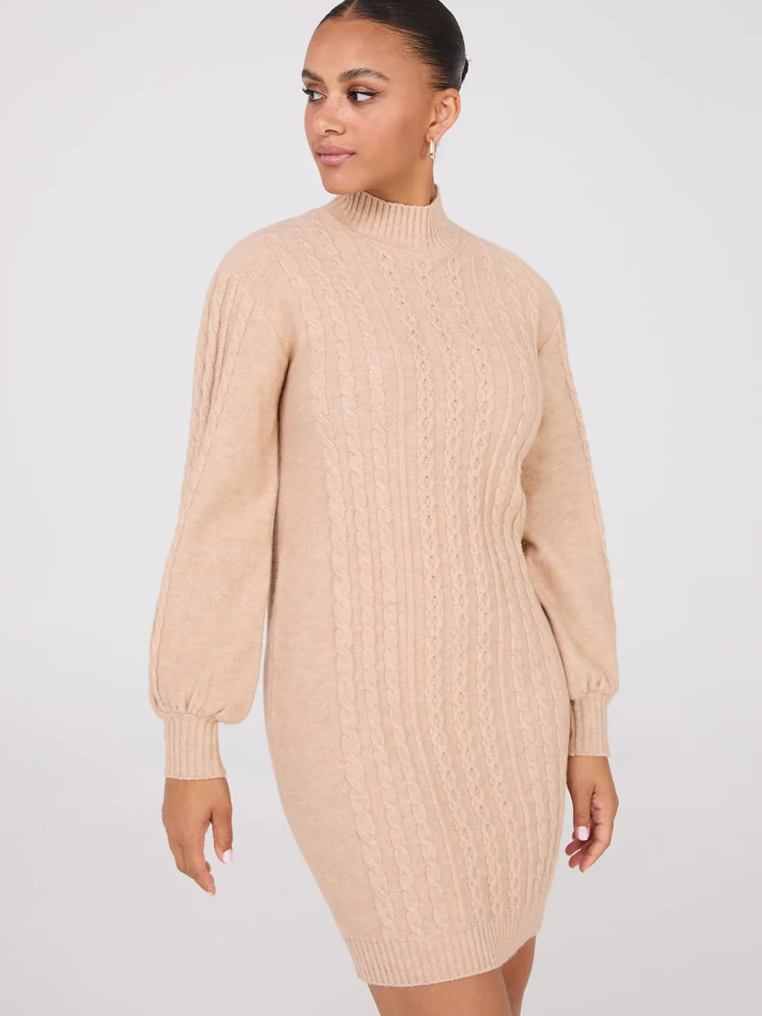 Cable Knit Mock Neck Sweater Dress