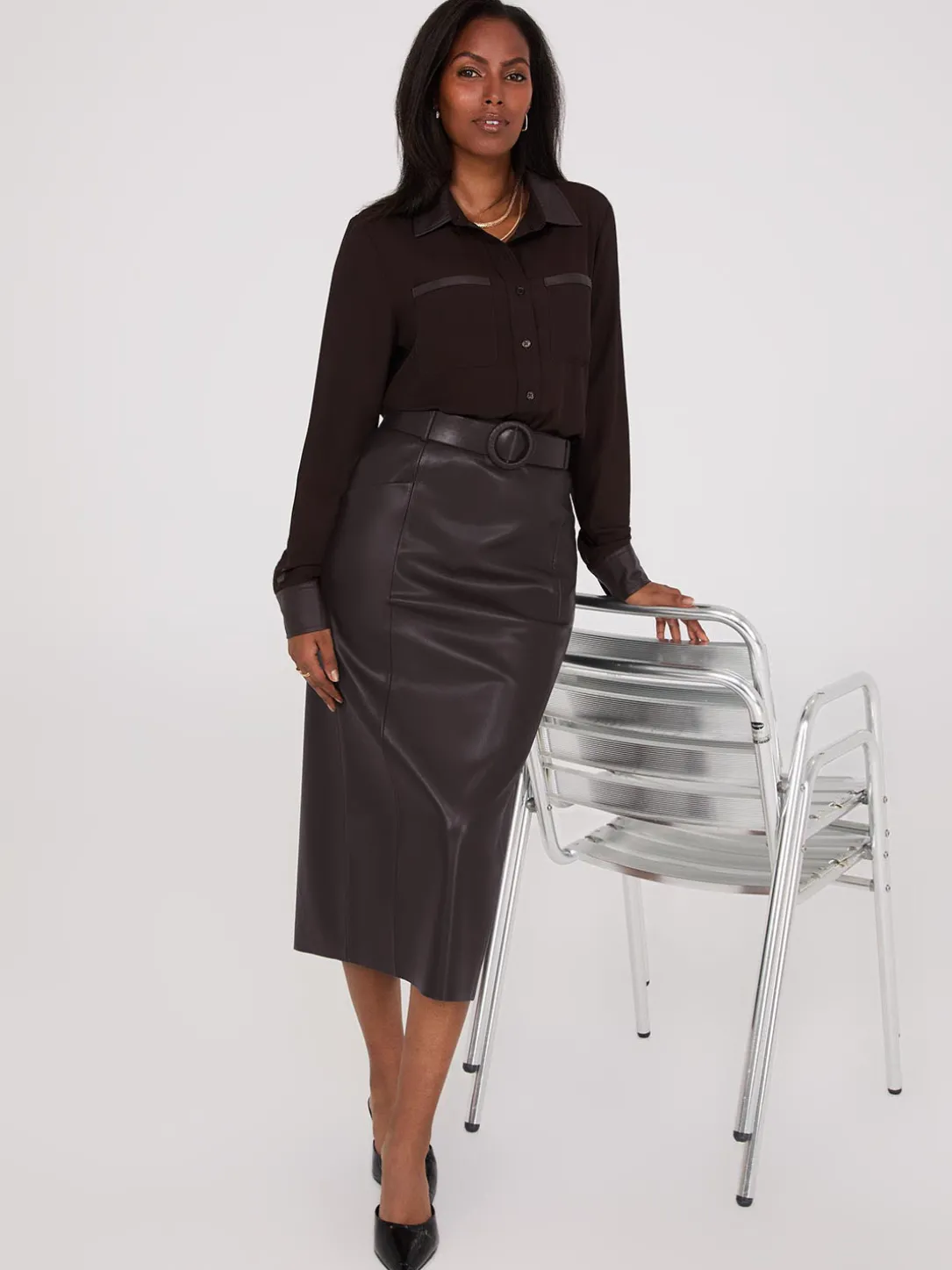 Chiffon Blouse With Faux Leather Details