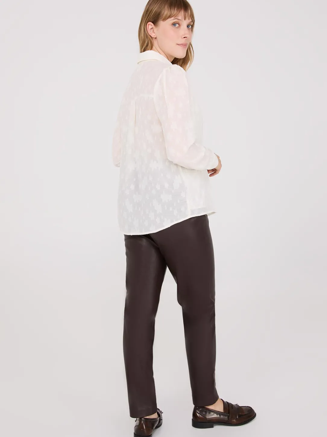Chiffon Button-Front Blouse With Smocked Details