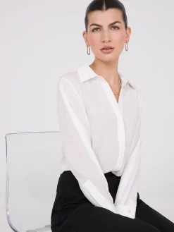 Chiffon Button-Front Blouse With Satin Details
