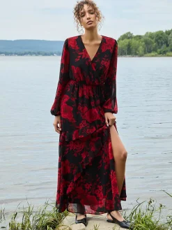 Chiffon Floral Print Ruffle Skirt Maxi Dress