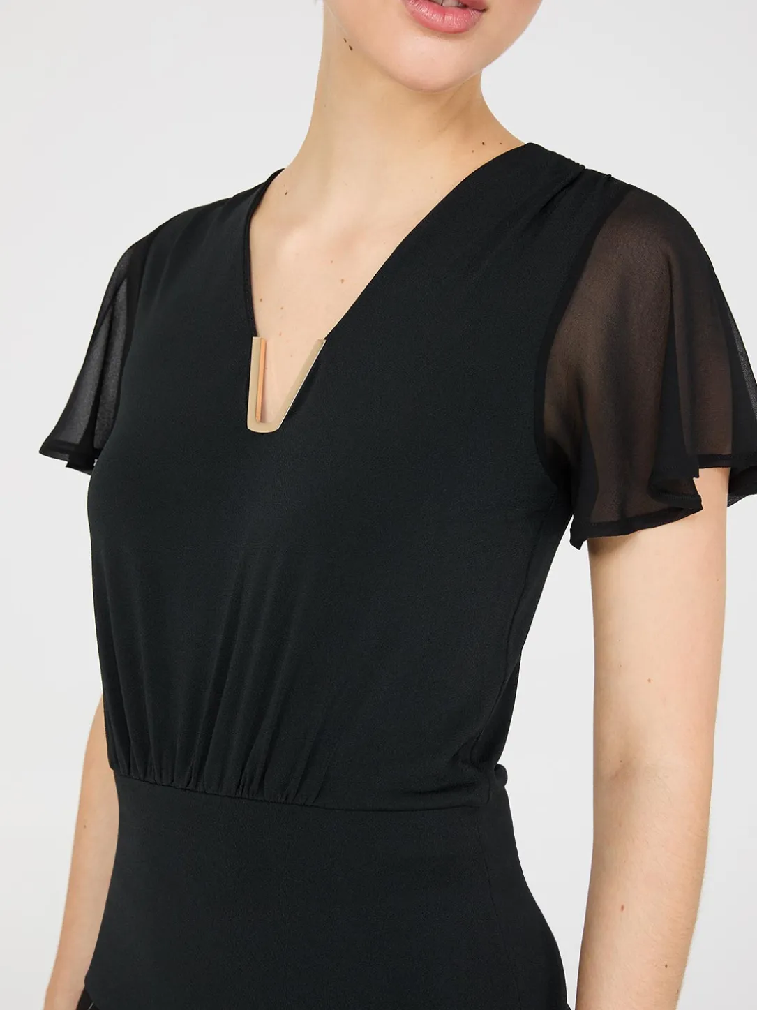 Chiffon Flutter Sleeve Top With Metal Detail