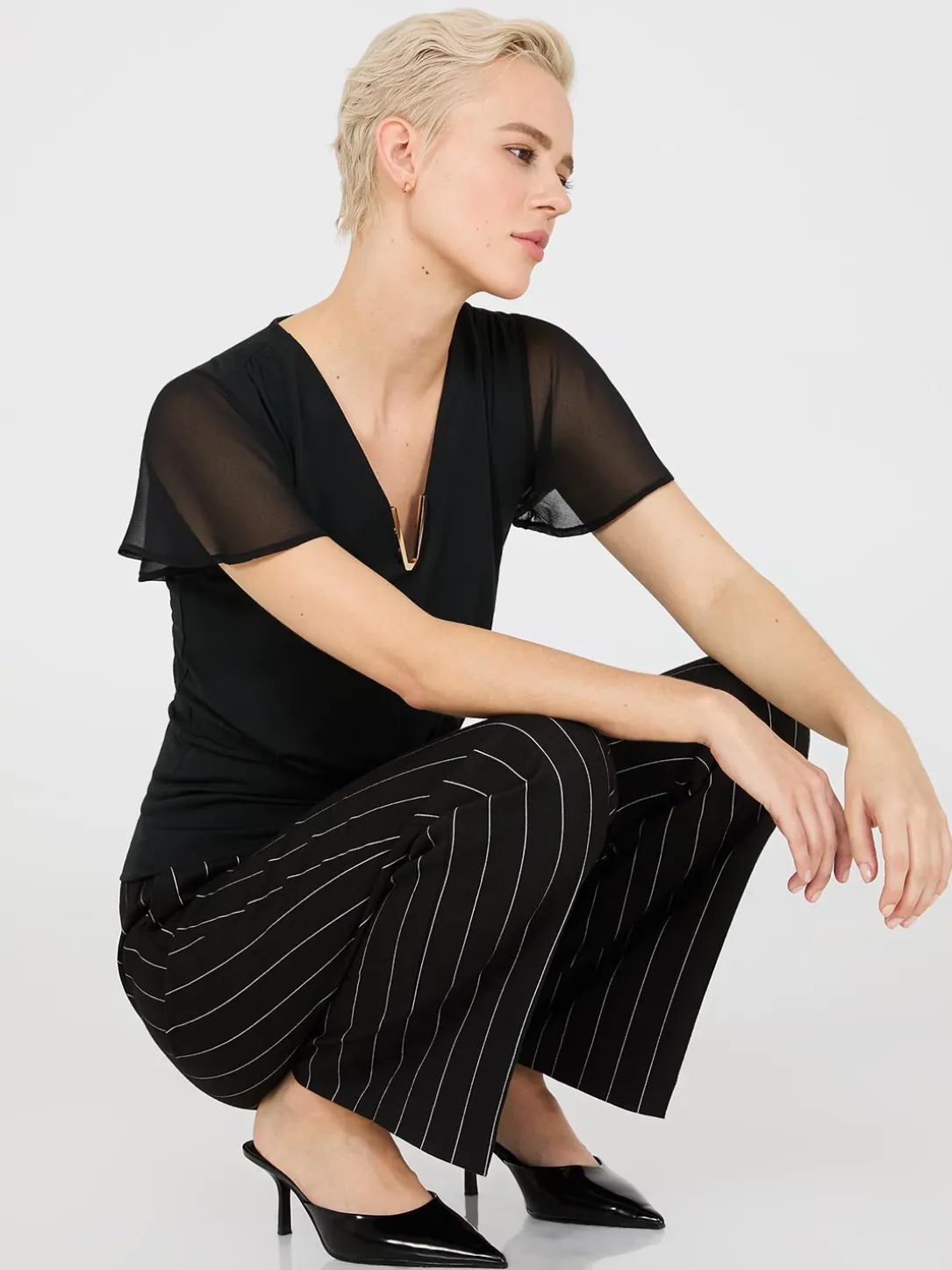 Chiffon Flutter Sleeve Top With Metal Detail