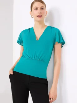 Chiffon Flutter Sleeve Top With Metal Detail