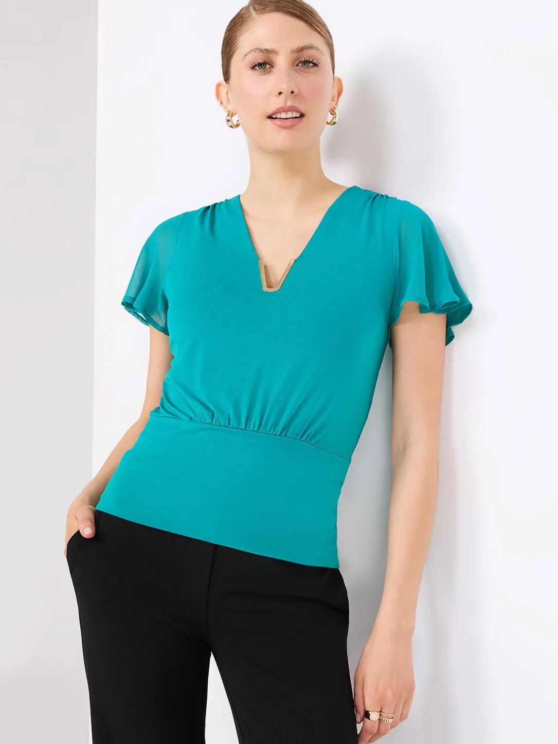 Chiffon Flutter Sleeve Top With Metal Detail