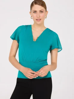 Chiffon Flutter Sleeve Top With Metal Detail