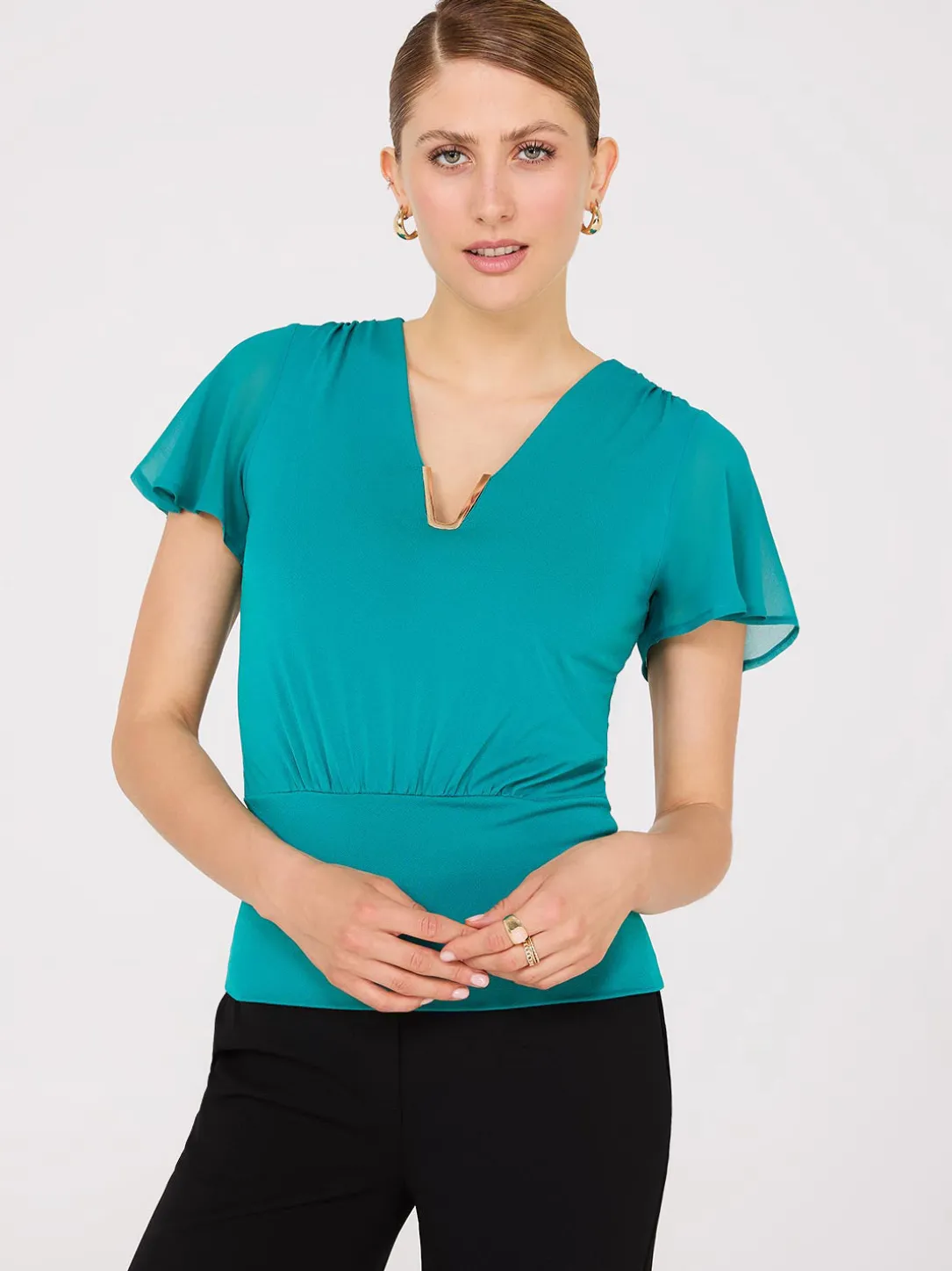 Chiffon Flutter Sleeve Top With Metal Detail