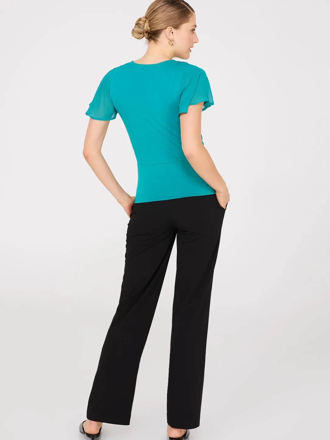 Chiffon Flutter Sleeve Top With Metal Detail