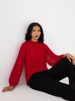 Chiffon Sleeve Mock Neck Top With Rhinestones