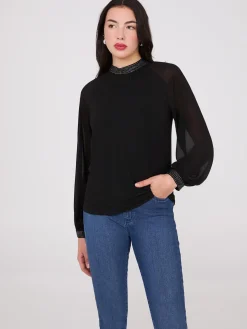 Chiffon Sleeve Mock Neck Top With Rhinestones