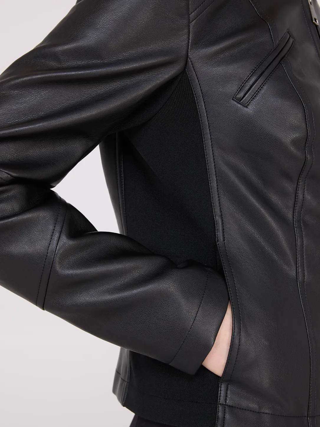 Collarless Faux Leather Jacket