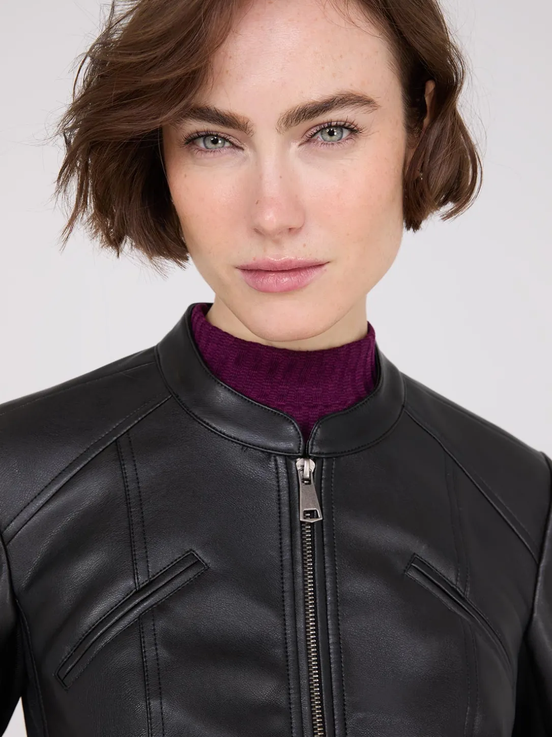 Collarless Faux Leather Jacket