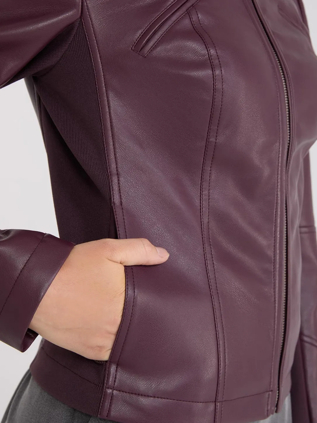 Collarless Faux Leather Jacket