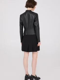Collarless Faux Leather Jacket