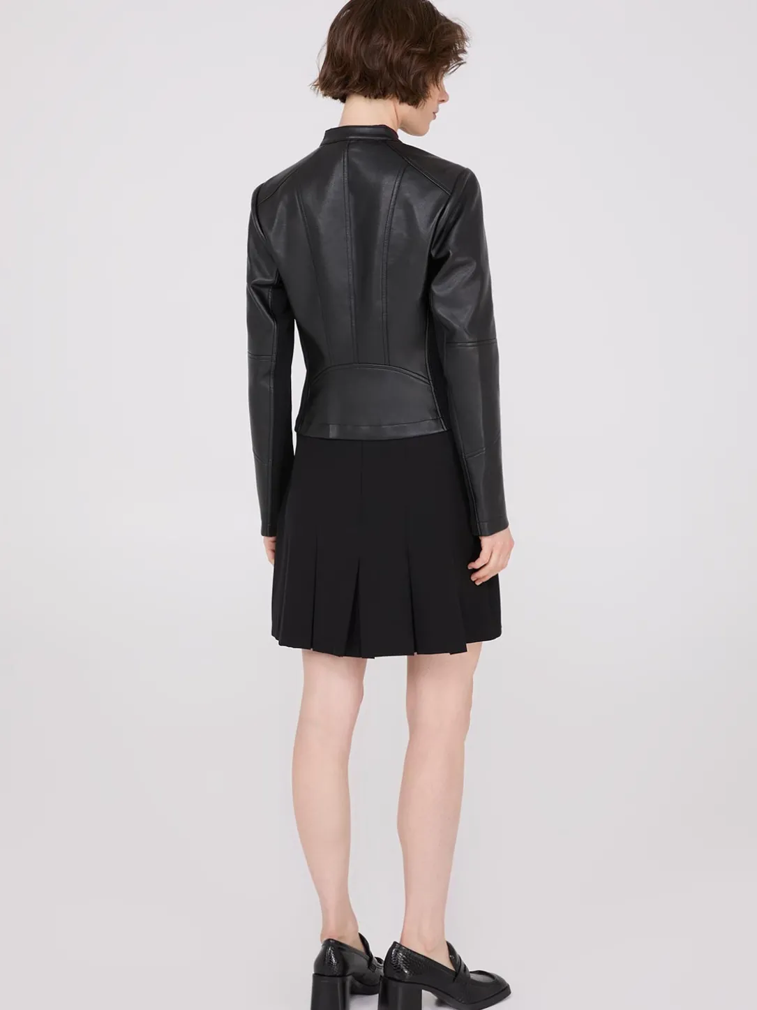 Collarless Faux Leather Jacket
