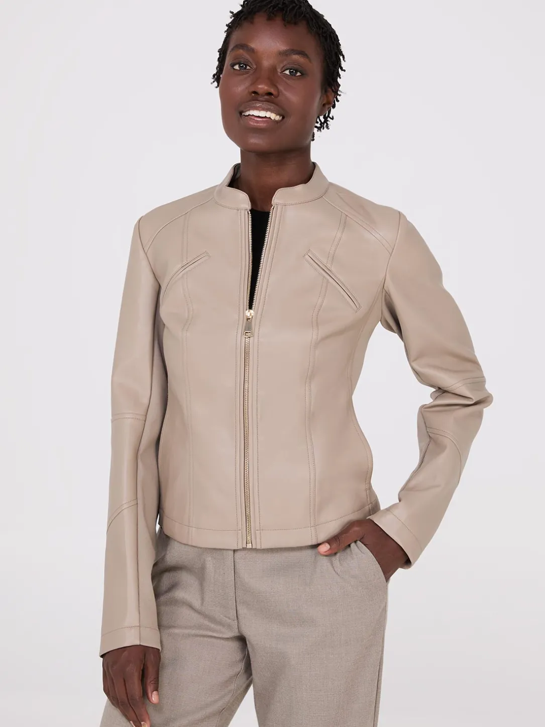 Collarless Faux Leather Jacket