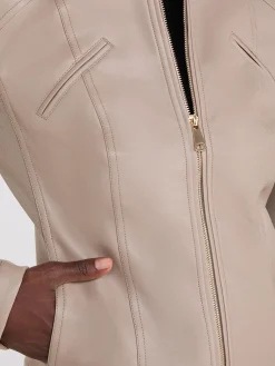 Collarless Faux Leather Jacket