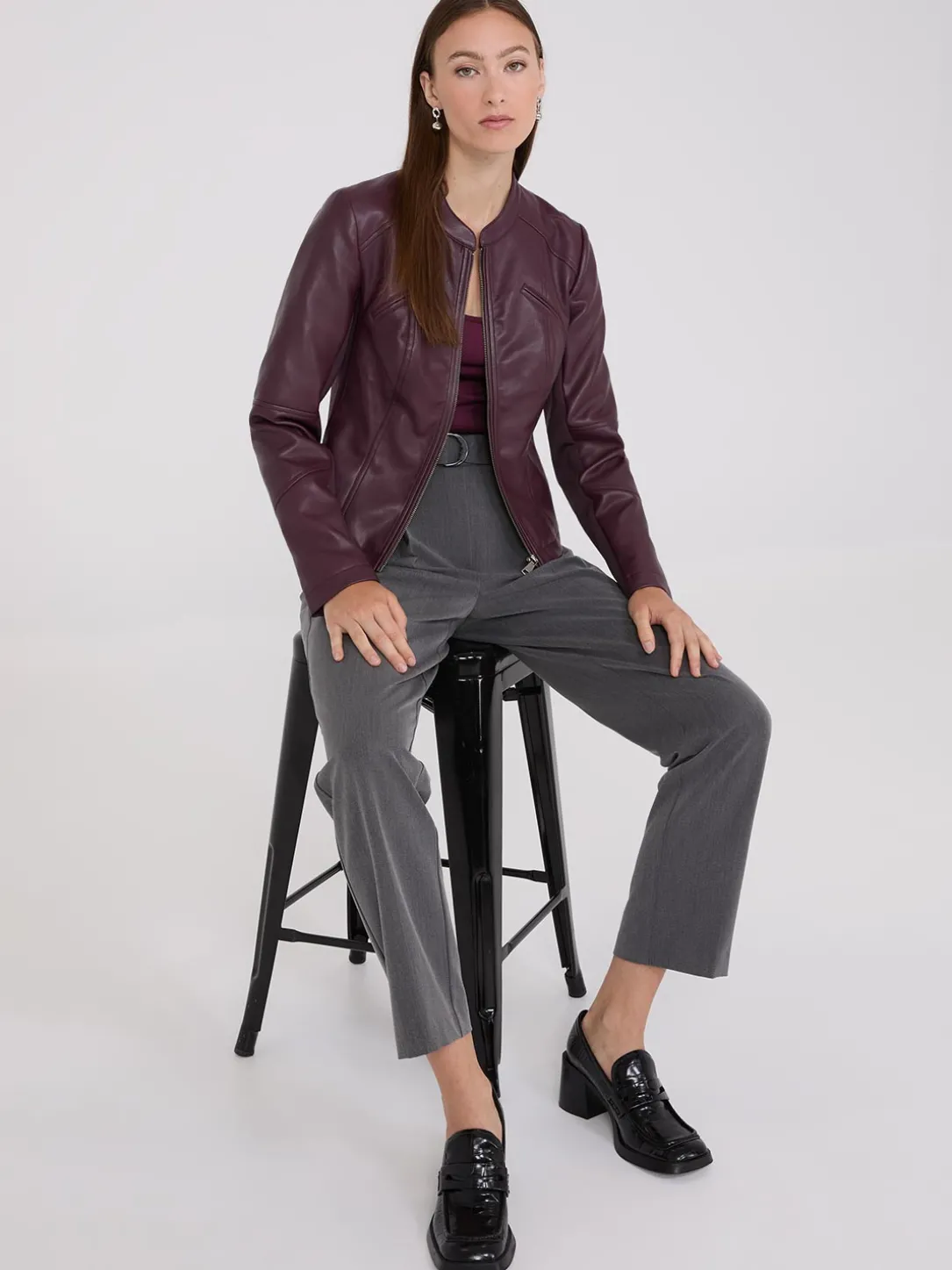 Collarless Faux Leather Jacket