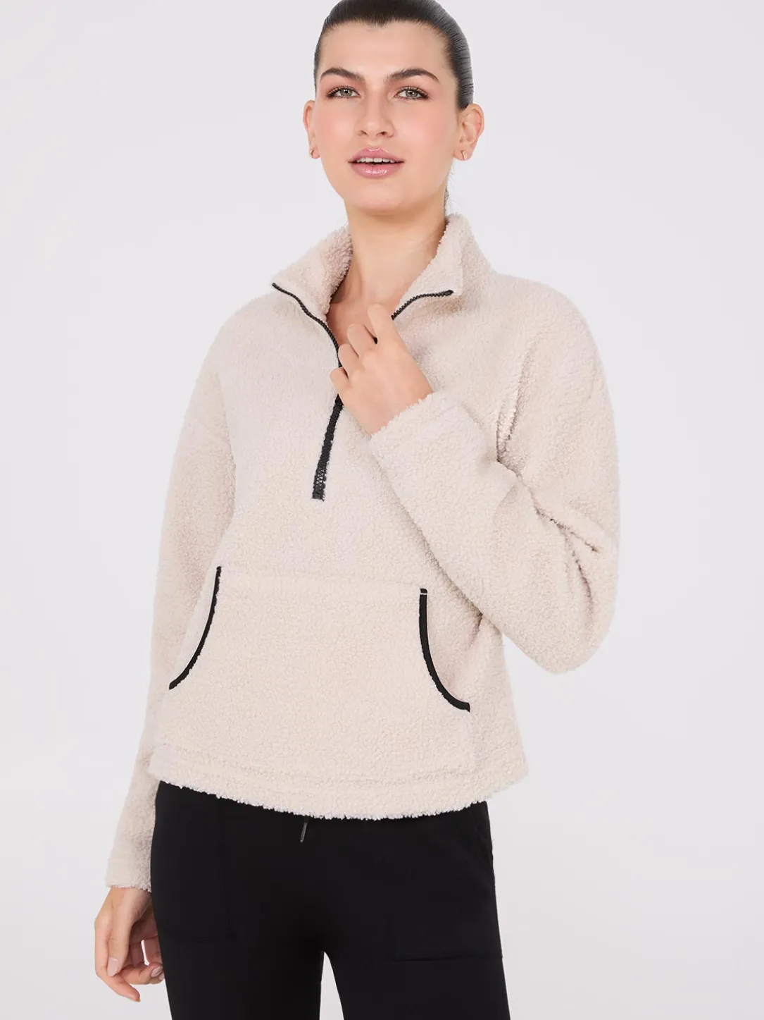 Contrast Piping Half-Zip Sherpa Sweater