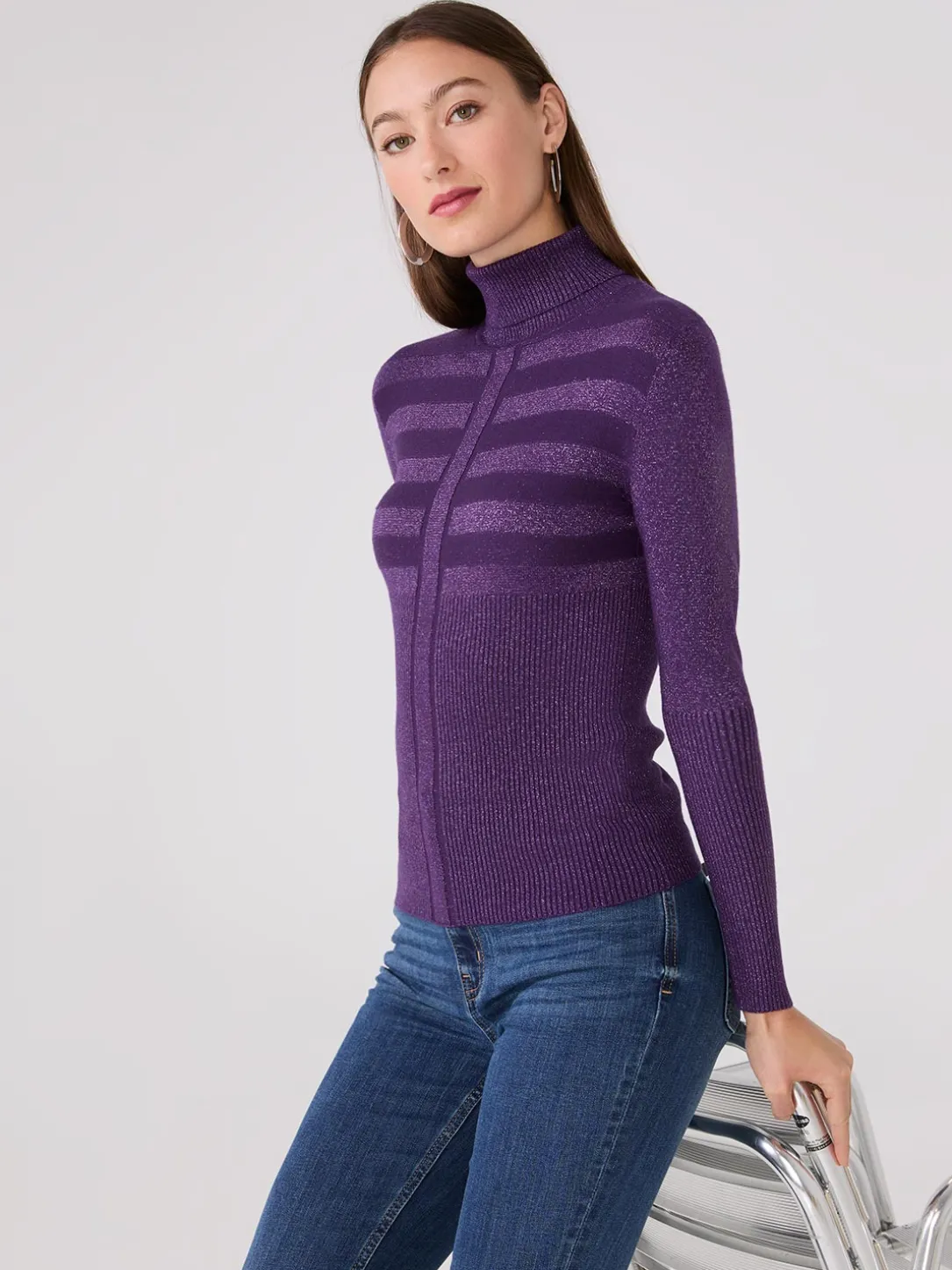 Contrasting Stitch Turtleneck Ribbed Sweater