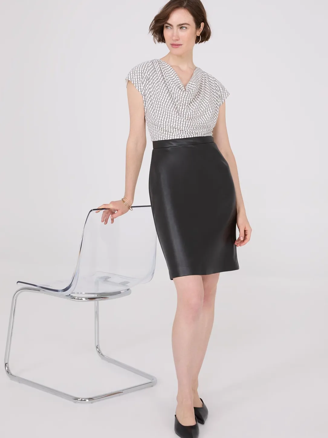 Cowl Neck Faux Leather Skirt 2-Fer Dress